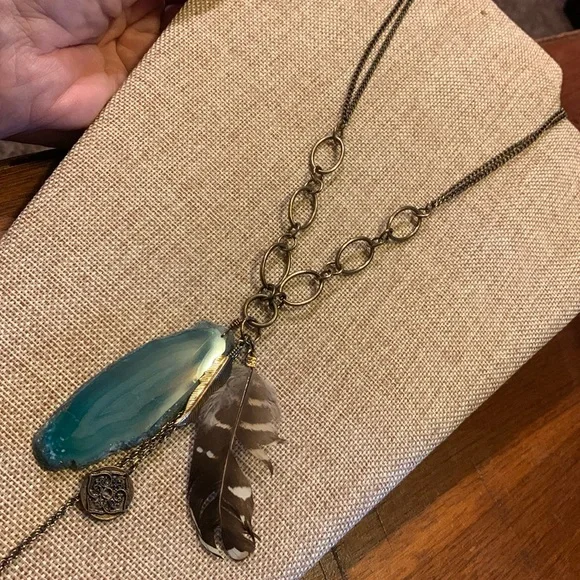 Agate Stone Handcrafted Boho Unique Feather Necklace Handmade - Picture 4 of 9